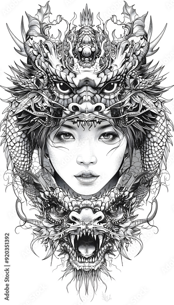Tribal Beautiful womans face wearing dragon costume illustration Tribal Beautiful womans face wearing dragon costume illustration