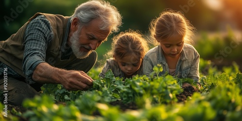 Multi-Generational Family Planting a Community Garden in Afternoon Sunlight, generative ai