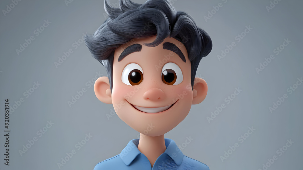 A cheerful animated character with dark hair and a friendly smile, wearing a blue shirt. A cheerful animated character with dark hair and a friendly smile, wearing a blue shirt.