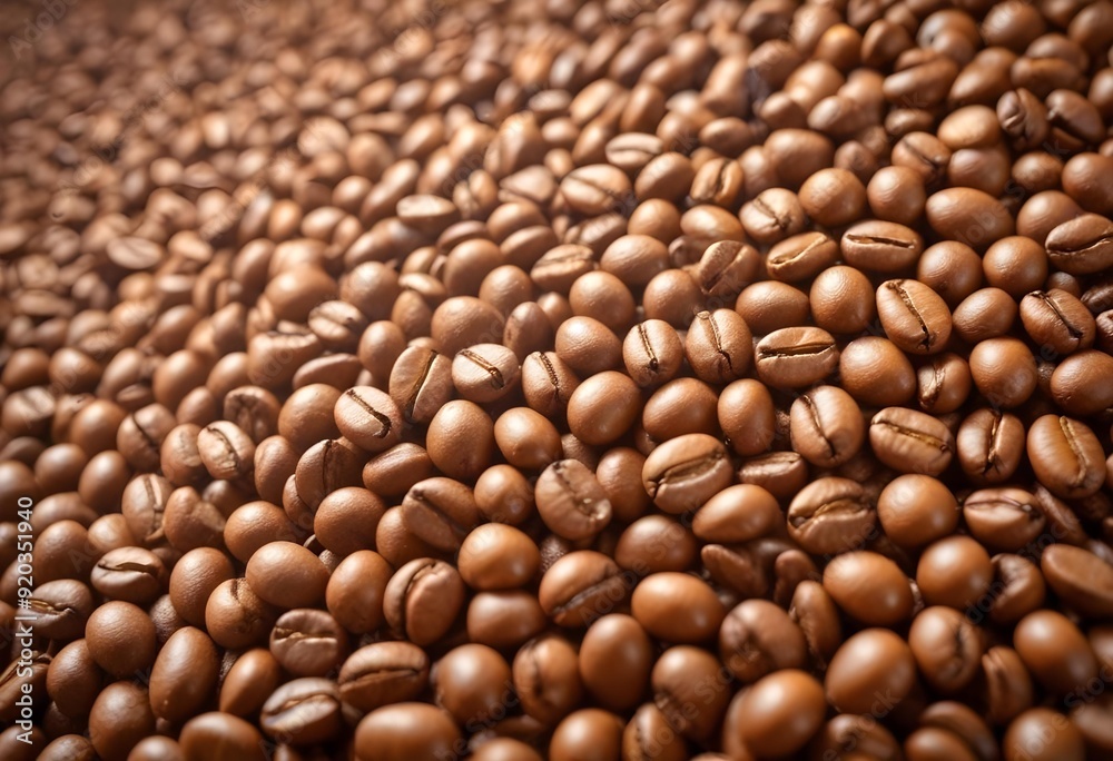 Close-up of scattered coffee beans column falling onto a perfectly arranged bed of roasted coffee beans, revealing textures and shapes Close-up of scattered coffee beans column falling onto a perfectly arranged bed of roasted coffee beans, revealing textures and shapes