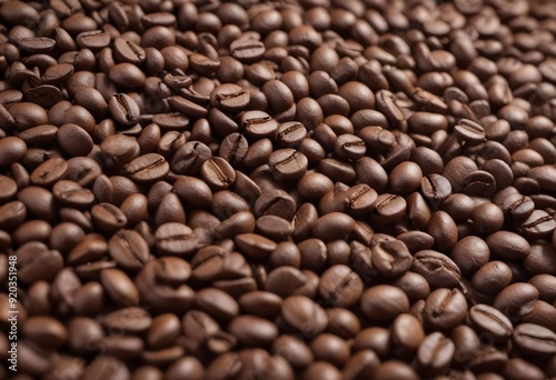 Close-up of scattered coffee beans column falling onto a perfectly arranged bed of roasted coffee beans, revealing textures and shapes