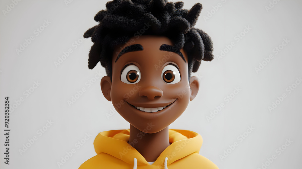 A cheerful animated character with curly hair wearing a yellow hoodie. A cheerful animated character with curly hair wearing a yellow hoodie.