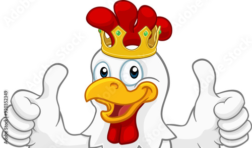 A chicken rooster cockerel bird cartoon character in a gold kings crown peeking over a sign and giving a double thumbs up