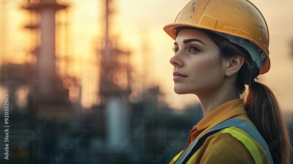Female engineer is standing in front of an industrial refinery plant at sunset Female engineer is standing in front of an industrial refinery plant at sunset
