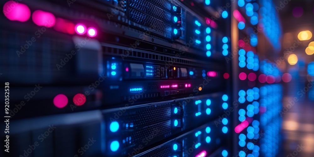 Futuristic Data Servers with Blue LED Lights in a Cyberpunk-Inspired Data Center, generative ai Futuristic Data Servers with Blue LED Lights in a Cyberpunk-Inspired Data Center, generative ai