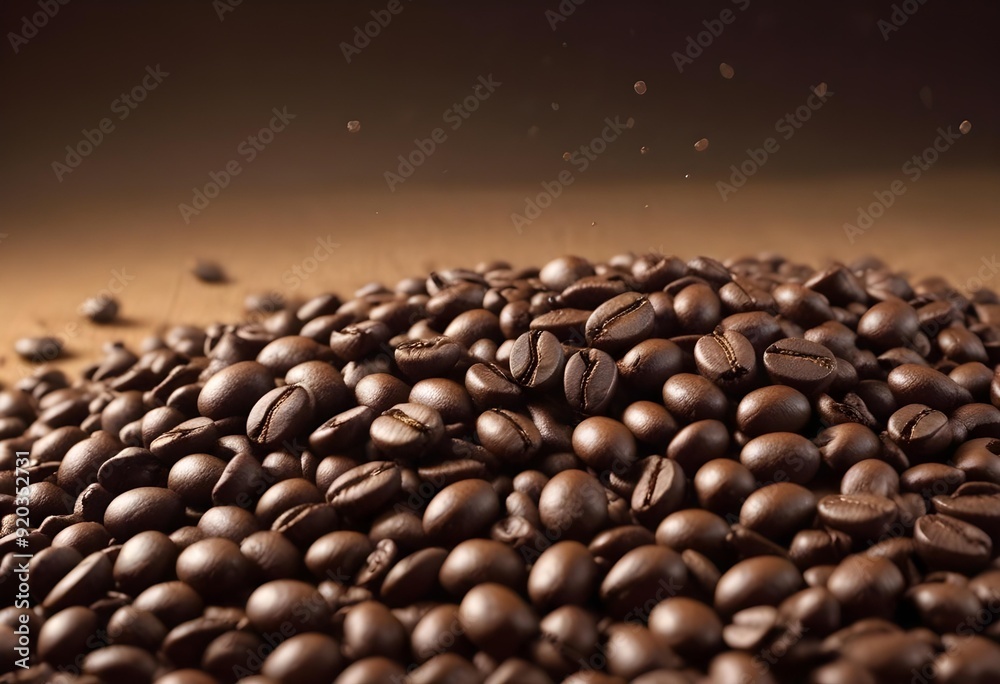 Close-up of scattered coffee beans column falling onto a perfectly arranged bed of roasted coffee beans, revealing textures and shapes Close-up of scattered coffee beans column falling onto a perfectly arranged bed of roasted coffee beans, revealing textures and shapes