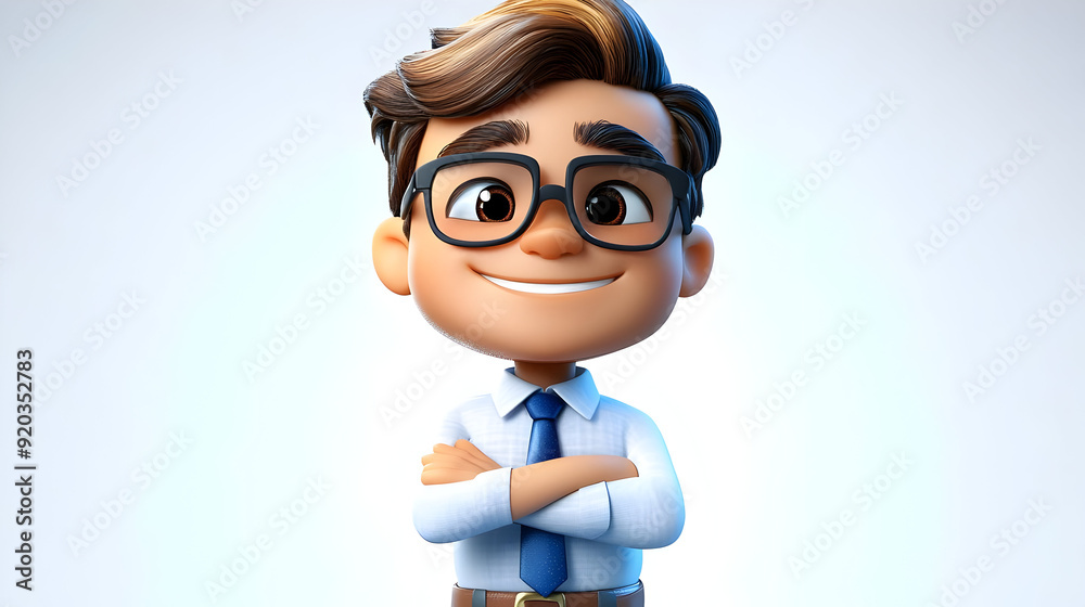 A cheerful cartoon character with glasses, smiling and posing confidently.