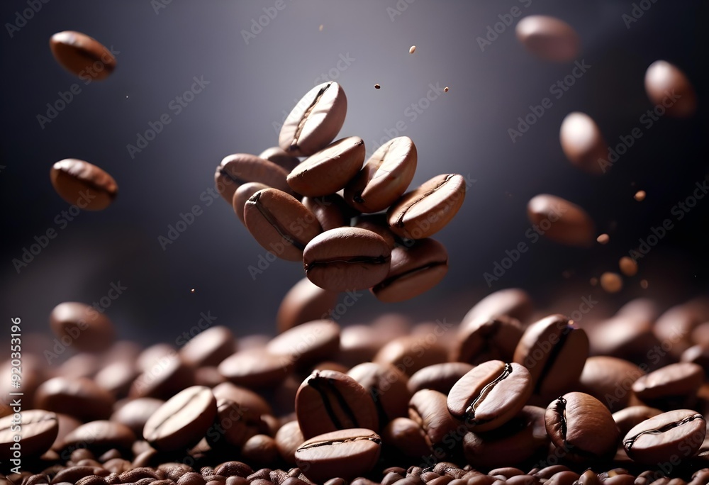 Close-up of scattered coffee beans column falling onto a perfectly arranged bed of roasted coffee beans, revealing textures and shapes