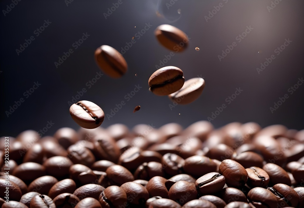 Close-up of scattered coffee beans column falling onto a perfectly arranged bed of roasted coffee beans, revealing textures and shapes Close-up of scattered coffee beans column falling onto a perfectly arranged bed of roasted coffee beans, revealing textures and shapes