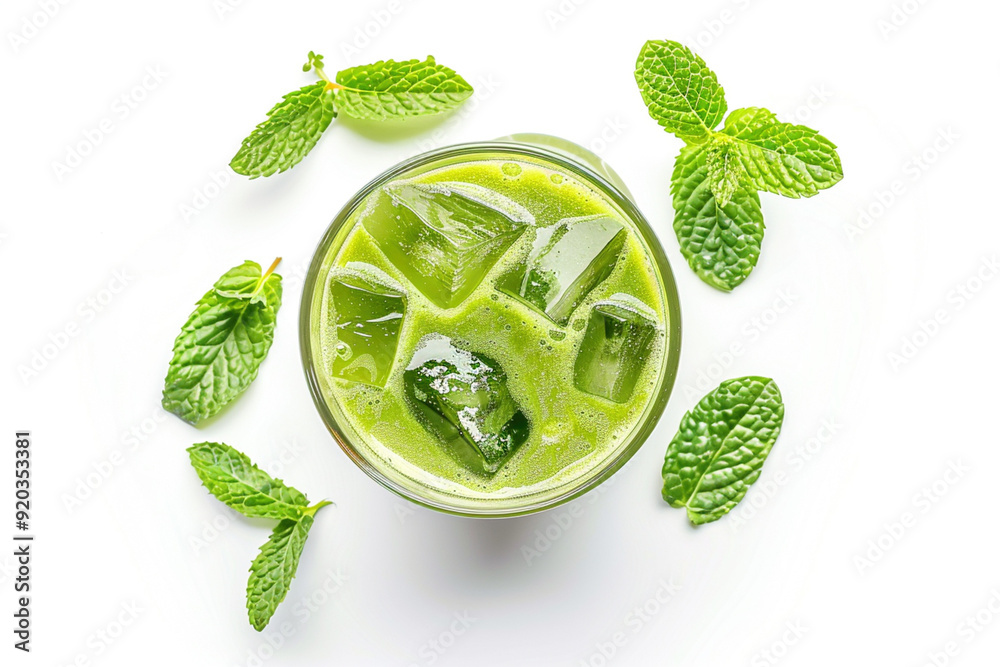 Obraz premium Top view of refreshing mojito cocktail with lime, ice, and mint leaves on a dark background with water droplets. Drinking glass of soda drink. Cold lemonade recipe