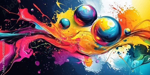 Abstract colorful background with spheres flowing on colorful paint, mixing and splashing, forming a beautiful abstract painting