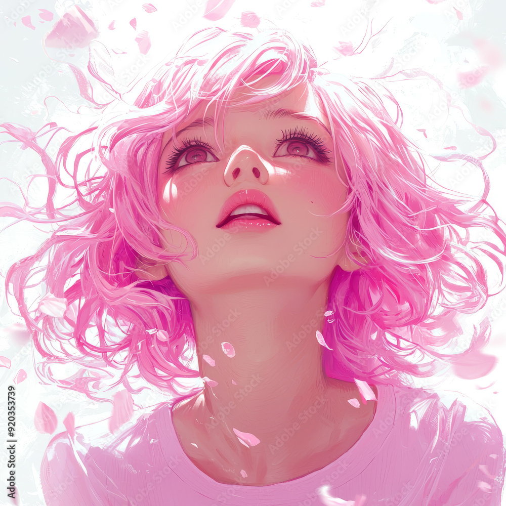 portrait of anime girl in close-up. Anime girl with beautiful pink hair is smiling happily. Bright colorful abstract background. girl smiles and laughs