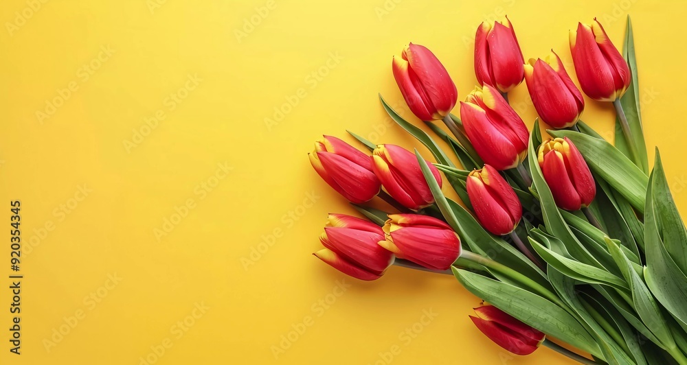 Beautiful bouquet of tulips on a yellow background, in a top view. Easter or Women's Day concept. Space for text Beautiful bouquet of tulips on a yellow background, in a top view. Easter or Women's Day concept. Space for text