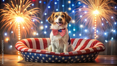 Adorable dog sits proudly on American flag-themed pet bed, wearing red, white, and blue collar with sparkler accents, surrounded by festive fireworks decorations. photo