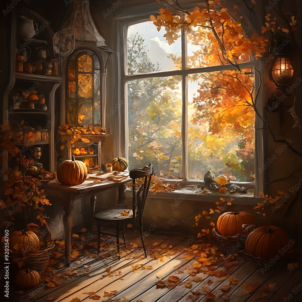 Cozy Autumn Scene With Pumpkins And Fall Leaves By Window Cozy Autumn Scene With Pumpkins And Fall Leaves By Window