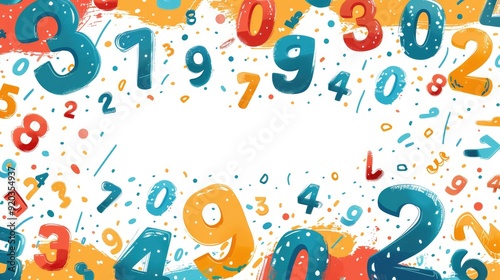 Colorful numbers and confetti arranged around white space.