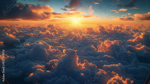 Golden sunset sky and clouds seen through airplane window.