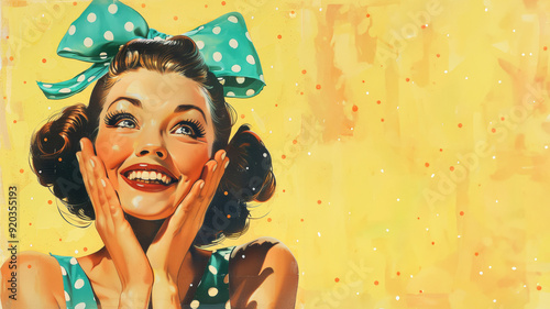 Smiling pin-up girl in a green dress with polka dots on yellow background. Pop art illustration for advertising.