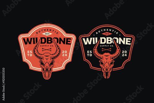 cow skull longhorn western vintage badge logo design. Set of texas ranch elements. retro bull skull illustration. cowboy native american emblem collection. set of wild west for adventure and sport