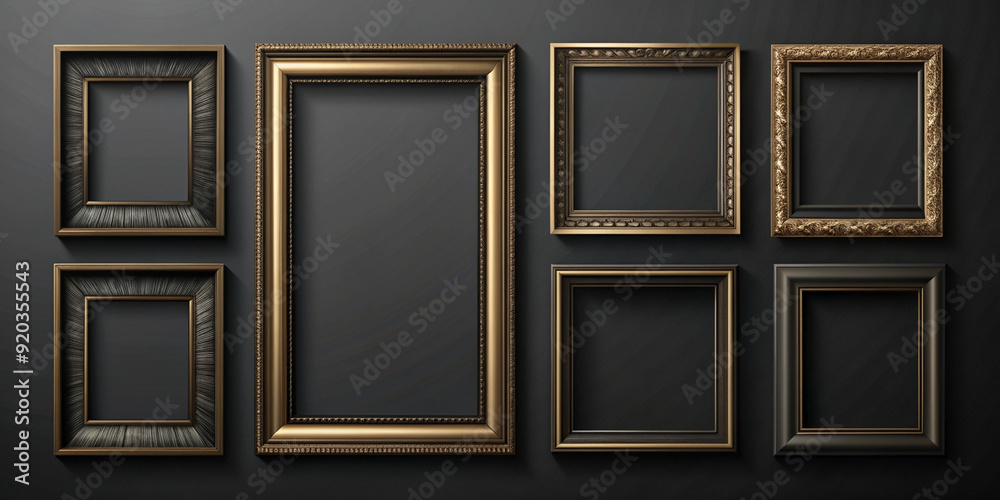 Fototapeta premium A collection of black ornate picture frames with intricate detailing, displayed on a dark black wall. Perfect for showcasing artwork or photography in a minimalist setting