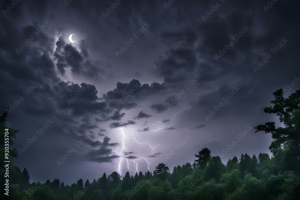 A lightning storm over a dense forest with the moon partially visible through the clouds, AI Generated A lightning storm over a dense forest with the moon partially visible through the clouds, AI Generated
