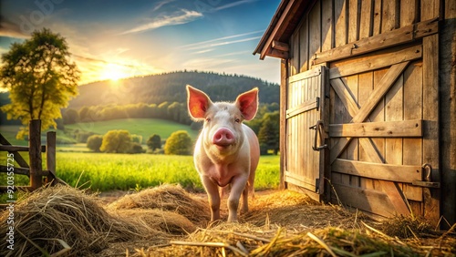 Adorable pig stands in front of a rustic wooden barn door, surrounded by lush greenery and hay, with a sunny countryside landscape in the background.