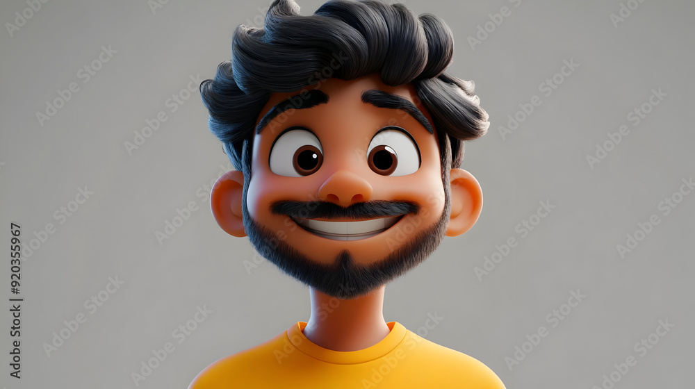 A cheerful animated character with curly hair and a beard, smiling brightly. A cheerful animated character with curly hair and a beard, smiling brightly.