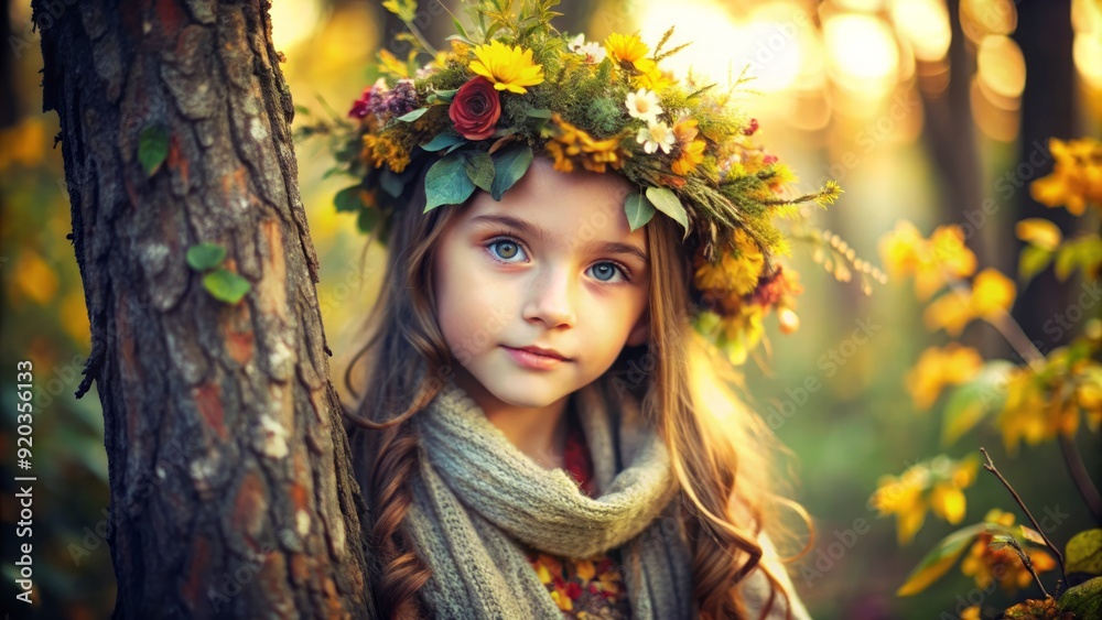 Little Girl with Floral Crown in Sunlit Forest Little Girl with Floral Crown in Sunlit Forest