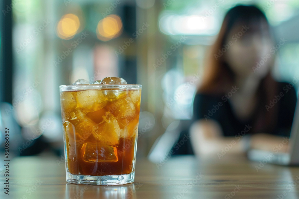 Coffee iced beverage drink with straw on cafe restaurant table with woman working on laptop on background. Co-working cafe place to work for freelancer relaxing summer altosphere concept. Coffee iced beverage drink with straw on cafe restaurant table with woman working on laptop on background. Co-working cafe place to work for freelancer relaxing summer altosphere concept.
