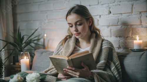 Young Woman Reading a Book by Candlelight in a Cozy Room