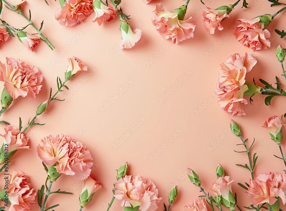 Beautiful pink and green Easter carnation flowers on a pastel peach background with copy space, in a flat lay top view Beautiful pink and green Easter carnation flowers on a pastel peach background with copy space, in a flat lay top view
