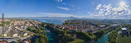 Aerial panorama on the lake. Aerial view of the town of Peschiera del Garda located on the shores of Lake Garda. Resorts on Lake Garda Italy. City on the water Italy. The largest lake in Italy.