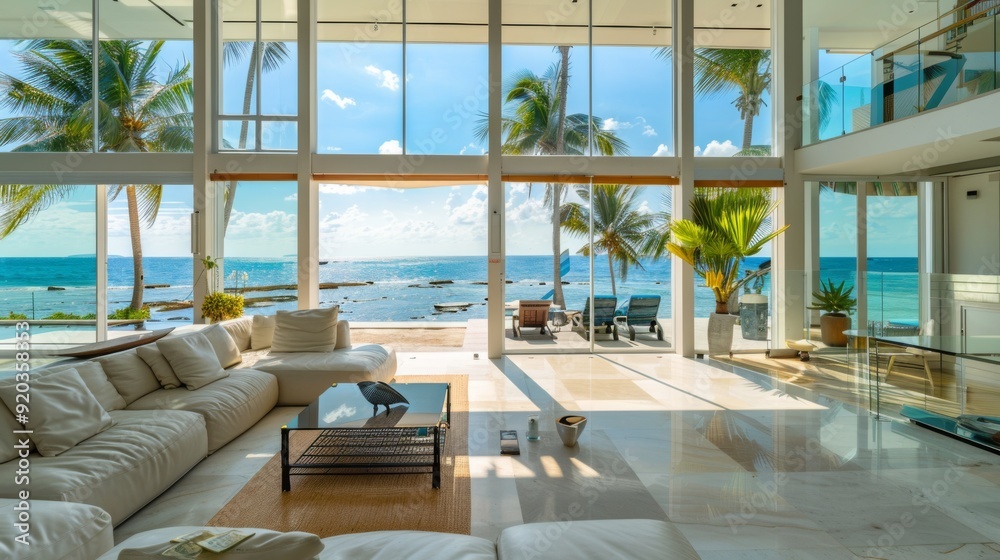 Fototapeta premium Modern beachfront villa featuring expansive floor-to-ceiling windows with breathtaking ocean views, ideal for luxury vacation rentals and upscale real estate promotions 