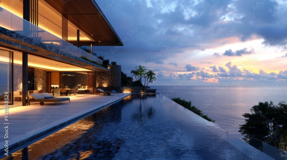 A luxurious villa with an infinity pool and breathtaking panoramic ocean view at dusk, perfect for marketing high-end real estate and luxury travel destinations
A luxurious villa with an infinity pool and breathtaking panoramic ocean view at dusk, perfect for marketing high-end real estate and luxury travel destinations