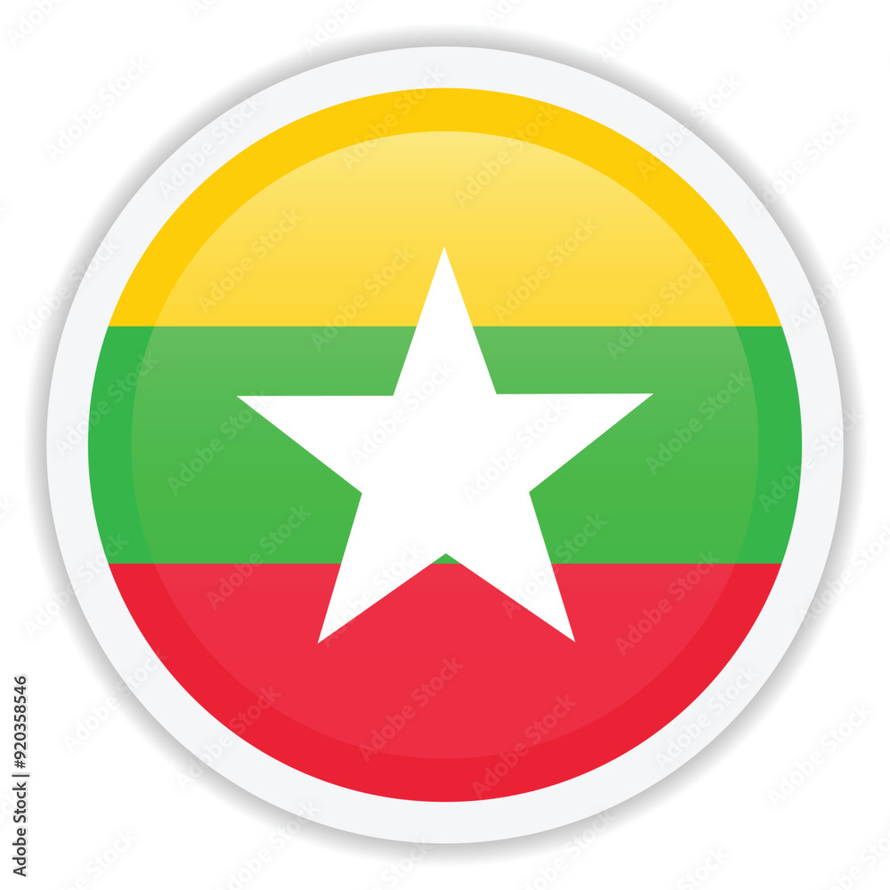Glossy flag of Myanmar on white background. Round vector icon with shadow underneath Glossy flag of Myanmar on white background. Round vector icon with shadow underneath