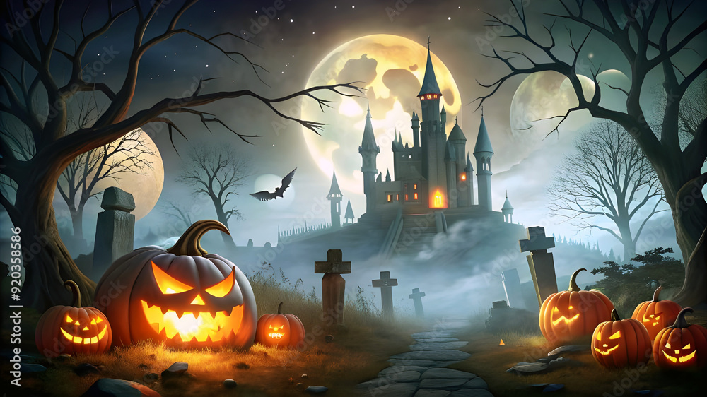 Fototapeta premium Free Photo mystical illustration background bloody moon with silhouettes of scary characters pumpkin, generative Ai