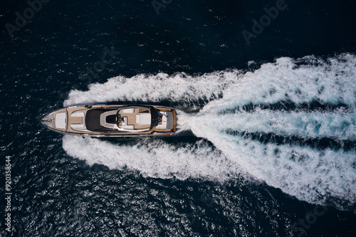 Luxury big Mega yacht gray color top view fast movements in the open sea. Expensive big yacht all gray color on the background of dark blue seas, fast movement on dark water.