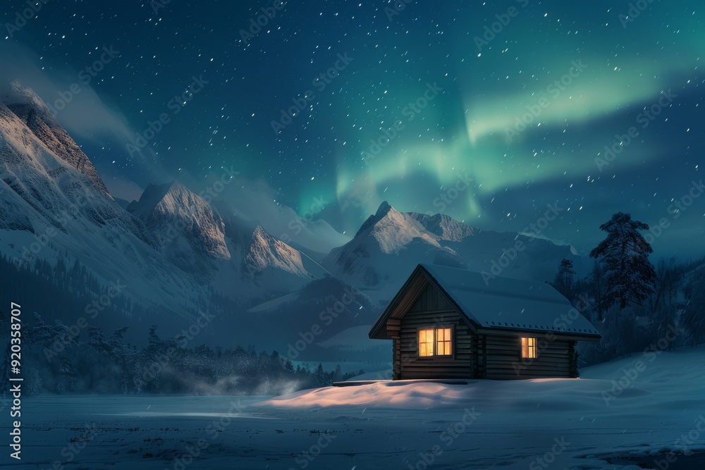 Fototapeta premium A cozy cabin in a snowy landscape glows with warmth under the northern lights and starlit sky, creating a magical winter scene that captivates the imagination and invites exploration
