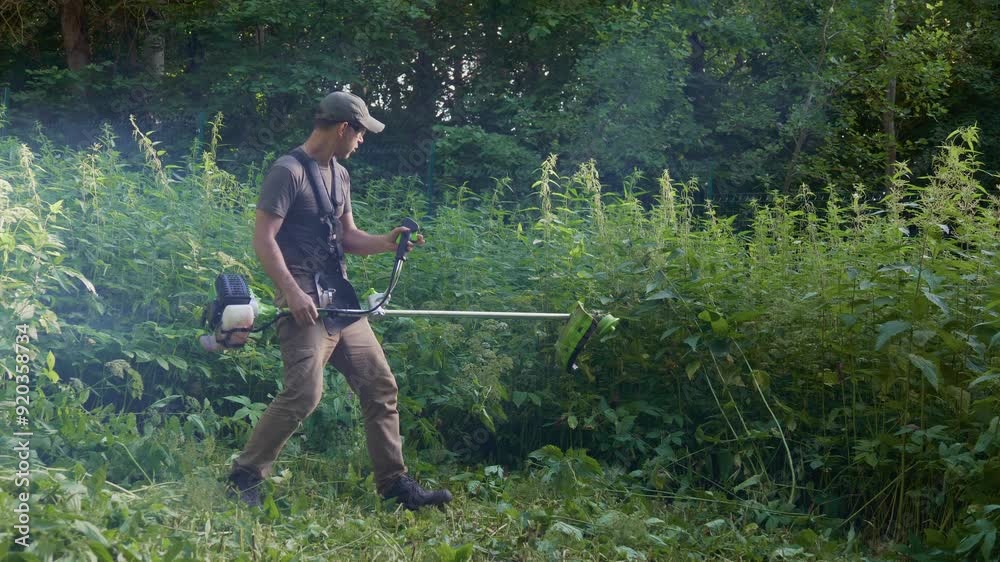 AMBIENT SOUND: Funny and fun gardener simulates playing guitar with a grass trimmer, lawn mower. Man does mowing grass and imagines himself a rock star, plays the lawn mower like a guitar AMBIENT SOUND: Funny and fun gardener simulates playing guitar with a grass trimmer, lawn mower. Man does mowing grass and imagines himself a rock star, plays the lawn mower like a guitar