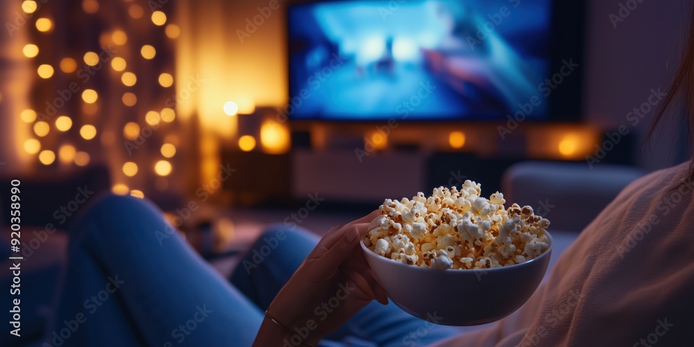 A happy person eating popcorn and watching a movie at home. A happy person eating popcorn and watching a movie at home.
