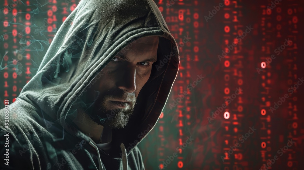 Hacker in hoodie with matrix binary code background, cybersecurity, cyber threat awareness Hacker in hoodie with matrix binary code background, cybersecurity, cyber threat awareness