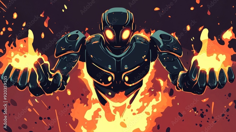 Robot Illustration with Blazing Hands and Body in Anime Comic Style Robot Illustration with Blazing Hands and Body in Anime Comic Style