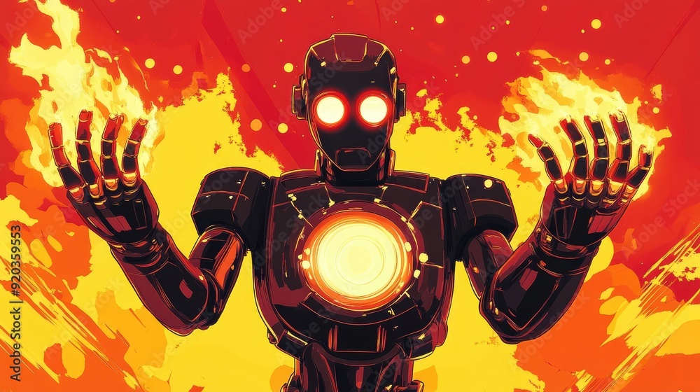Robot Illustration with Blazing Hands and Body in Anime Comic Style Robot Illustration with Blazing Hands and Body in Anime Comic Style