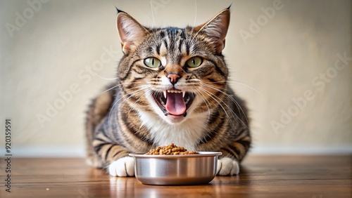 A distressed cat winces in pain, avoiding a bowl of hard kibble, its swollen gums and yellowing teeth a testament to the agony of untreated dental issues.