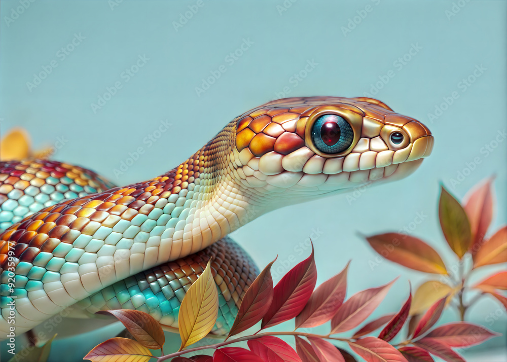 cute multicolored snake on a discreet blue background with autumn leaves cute multicolored snake on a discreet blue background with autumn leaves