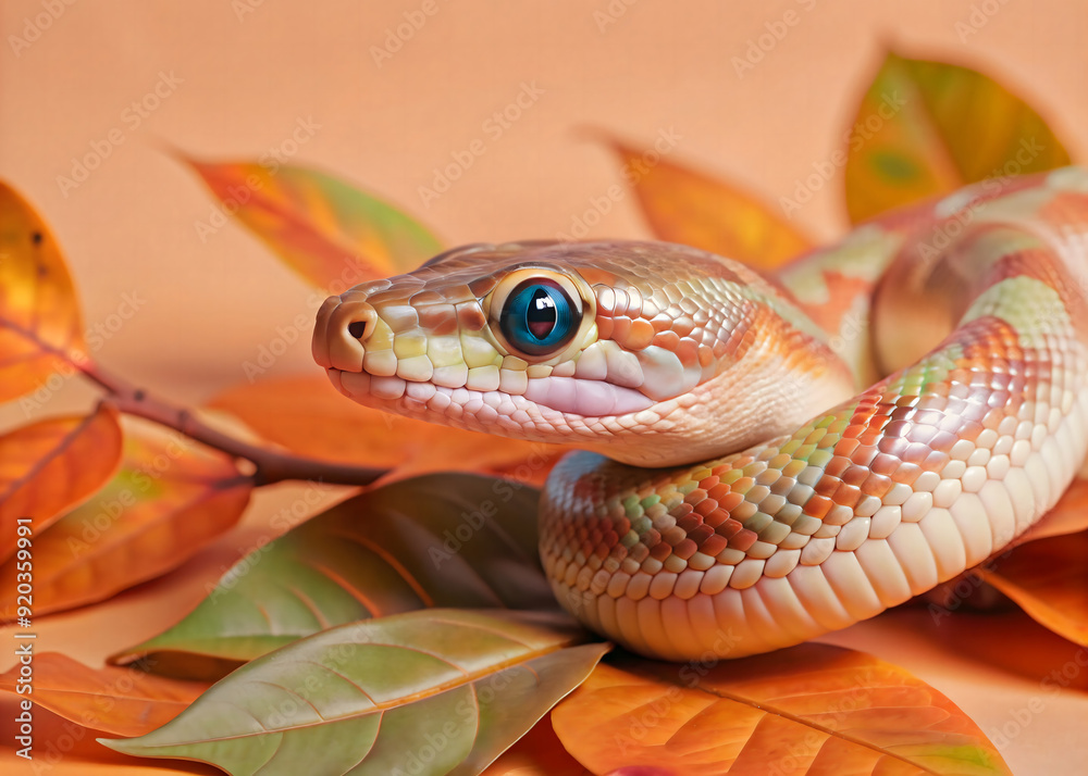 Obraz premium cute multicolored snake on a discreet beige and orange background with autumn leaves 