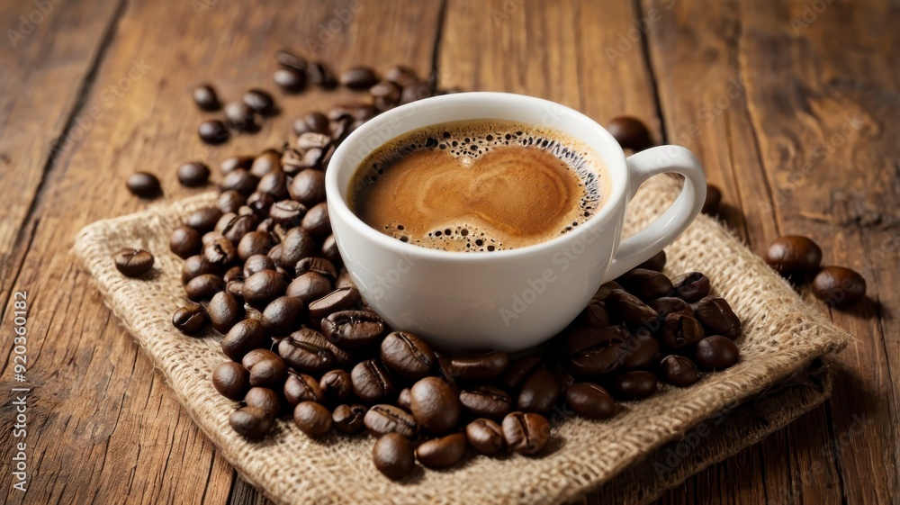 Cup of fresh coffee with beans on wooden background banner Cup of fresh coffee with beans on wooden background banner