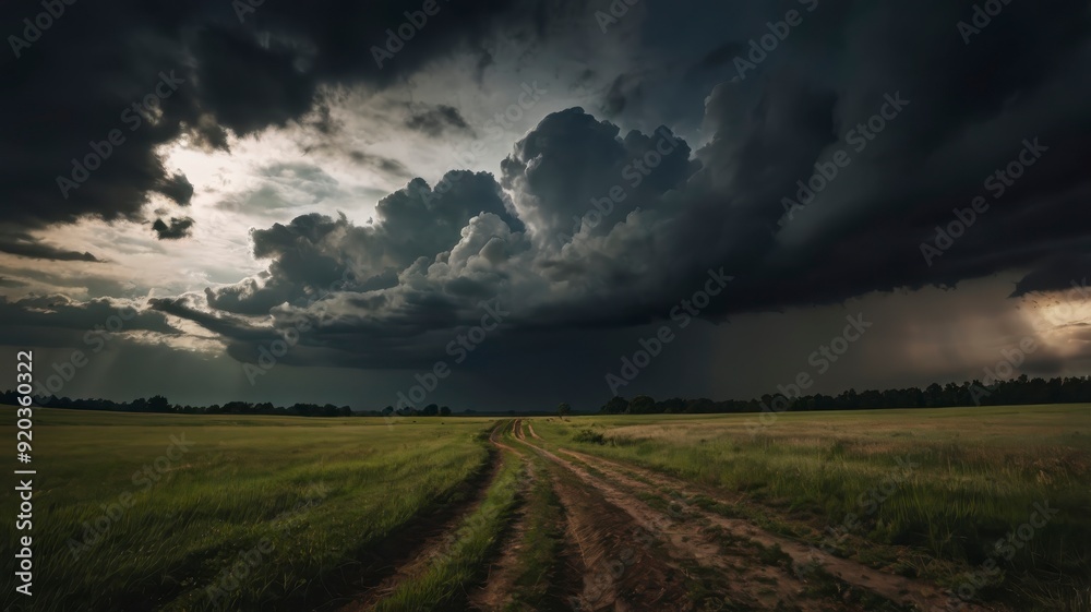 Dark clouds over moody field landscape Dark clouds over moody field landscape