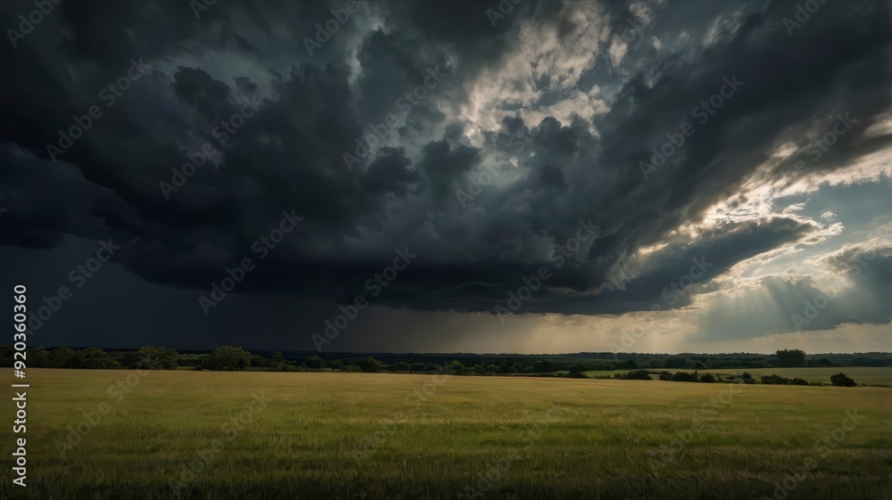 Dark clouds over moody field landscape Dark clouds over moody field landscape