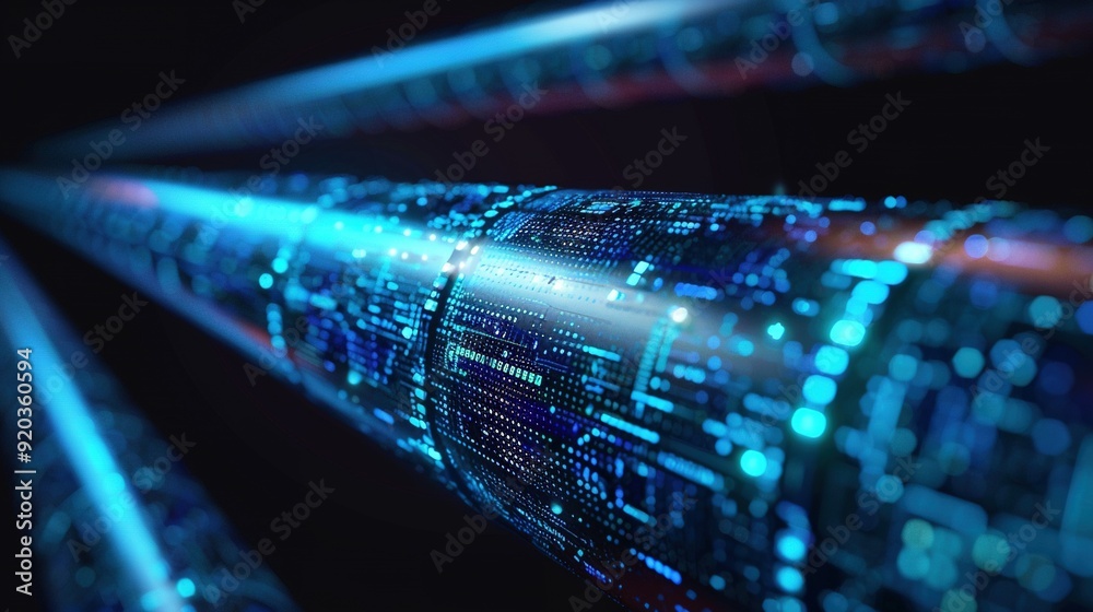 Vibrant Glowing Blue Matrix Binary Code Shaping a Long Digital Pipeline Vibrant Glowing Blue Matrix Binary Code Shaping a Long Digital Pipeline